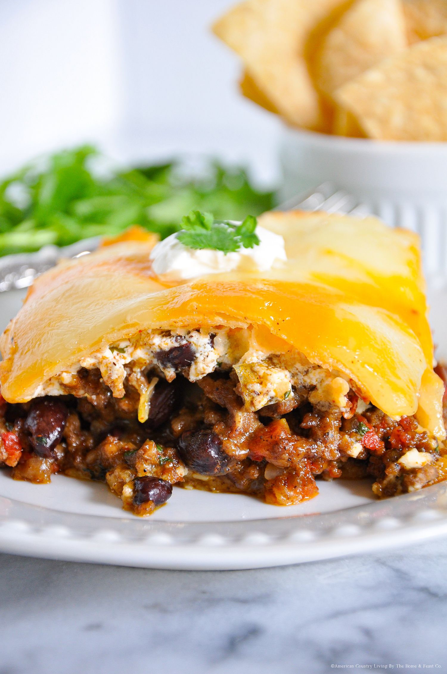 Cross-section of layered Mexican casserole showing ground beef and melted cheese on white plate.
