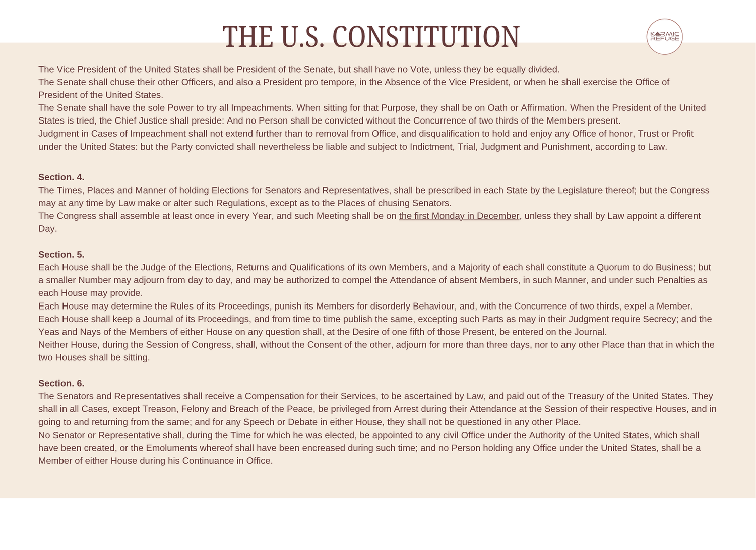 A close-up view of text from the United States Constitution document showing printed paragraphs on parchment paper.