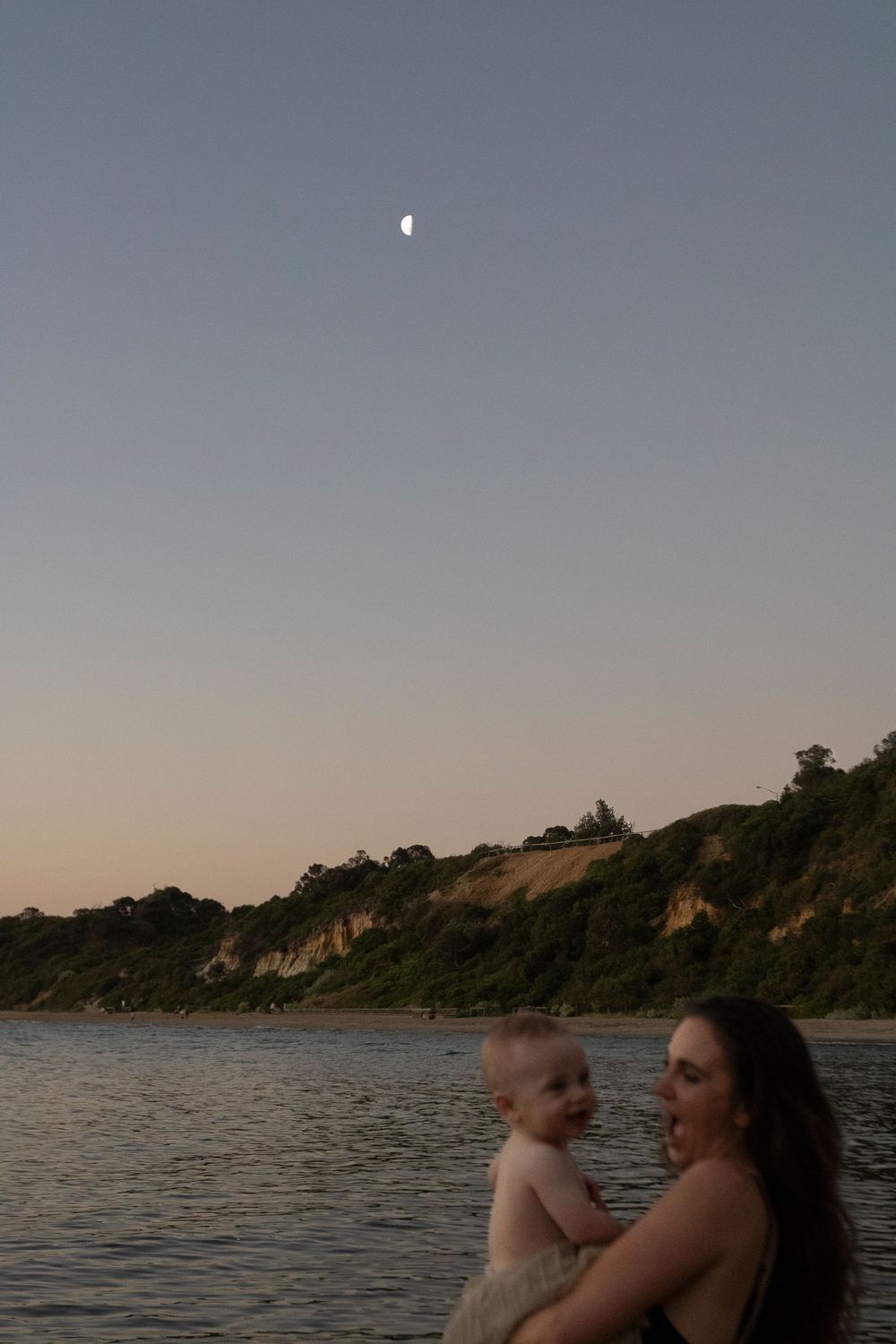 Serene coastal landscape at dusk with moon visible in pale blue sky.