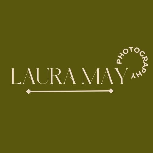 Minimalist olive green design with elegant white text spelling 'LAURA MAY' and decorative elements.