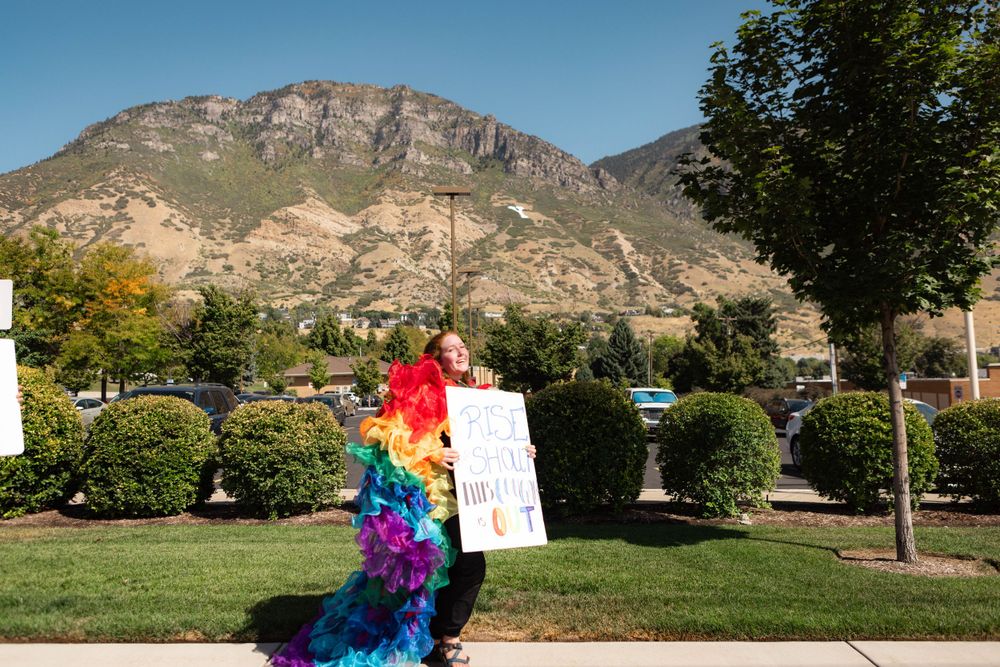 Individual portrait during Pride demonstration.