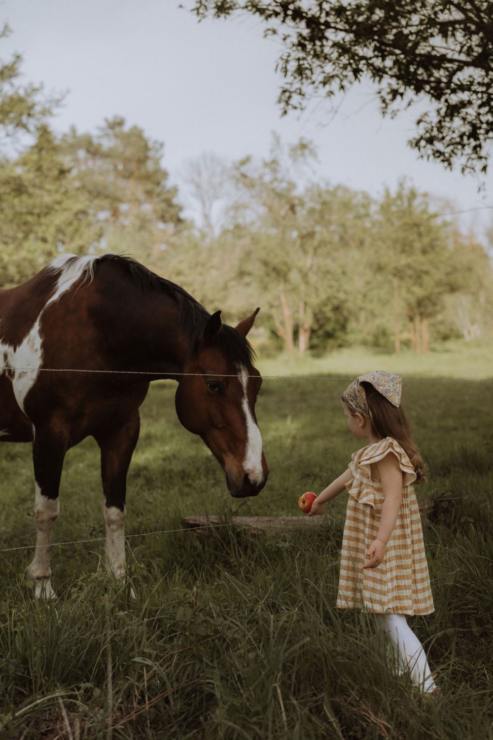 A brown and white horse interacts with a small child in a striped dress in a peaceful pastoral setting.