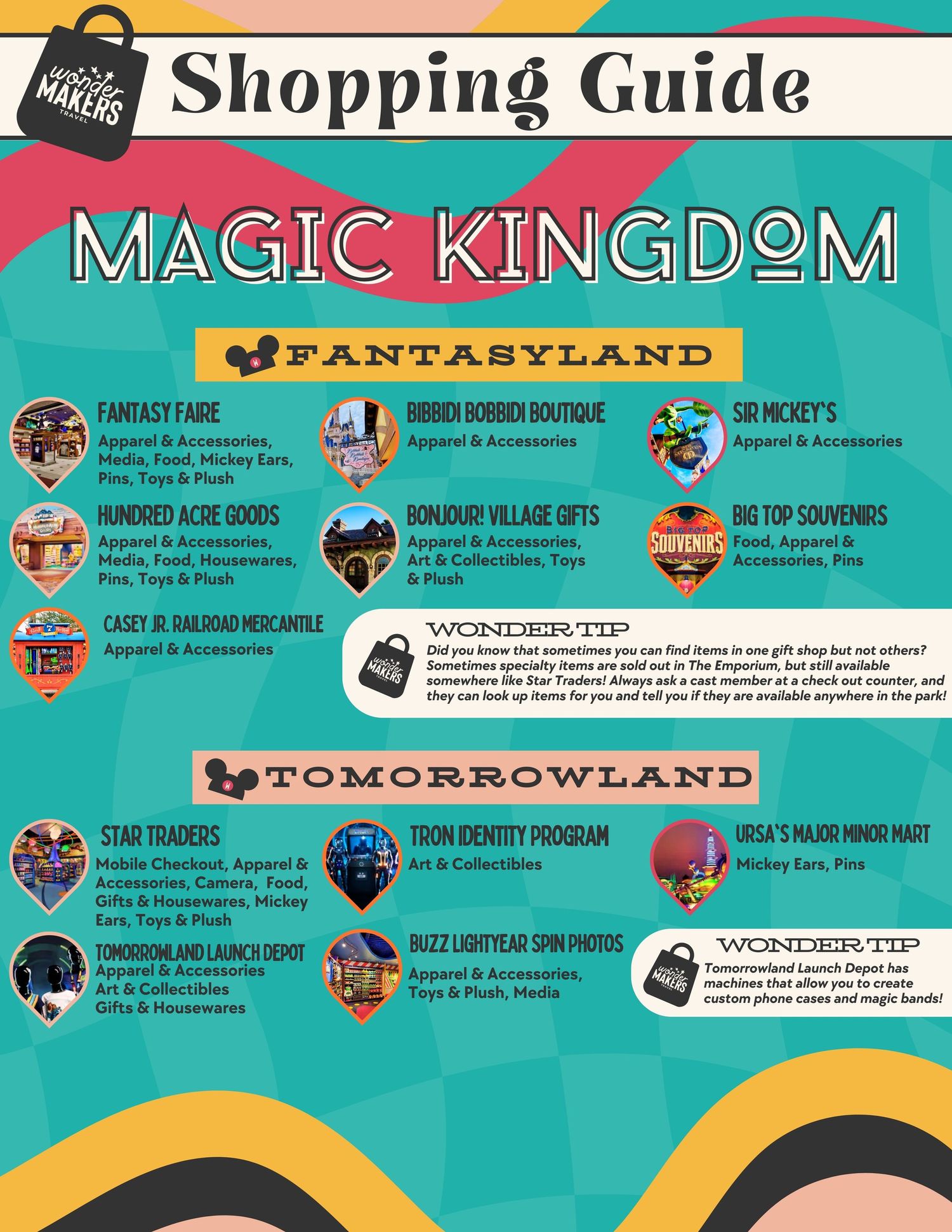 Colorful Disney theme park shopping guide graphic showing store locations and merchandise categories at Magic Kingdom and Tomorrowland.