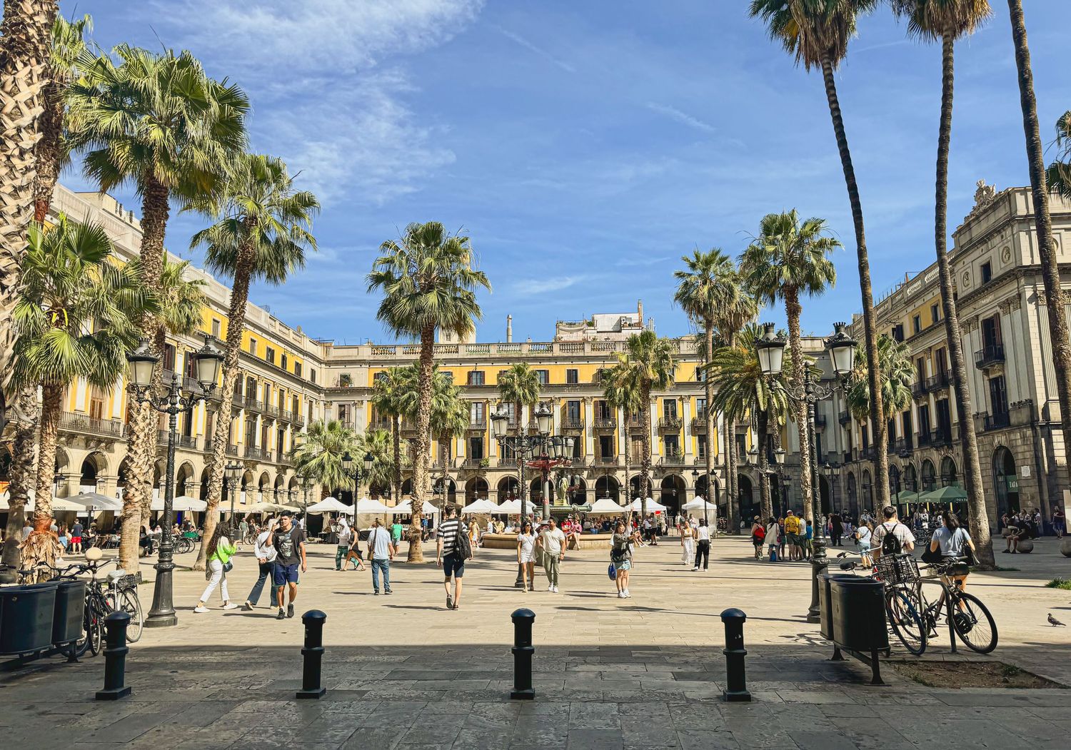 Vibrant Plaza Real square in Barcelona surrounded by historic buildings and towering palm trees.