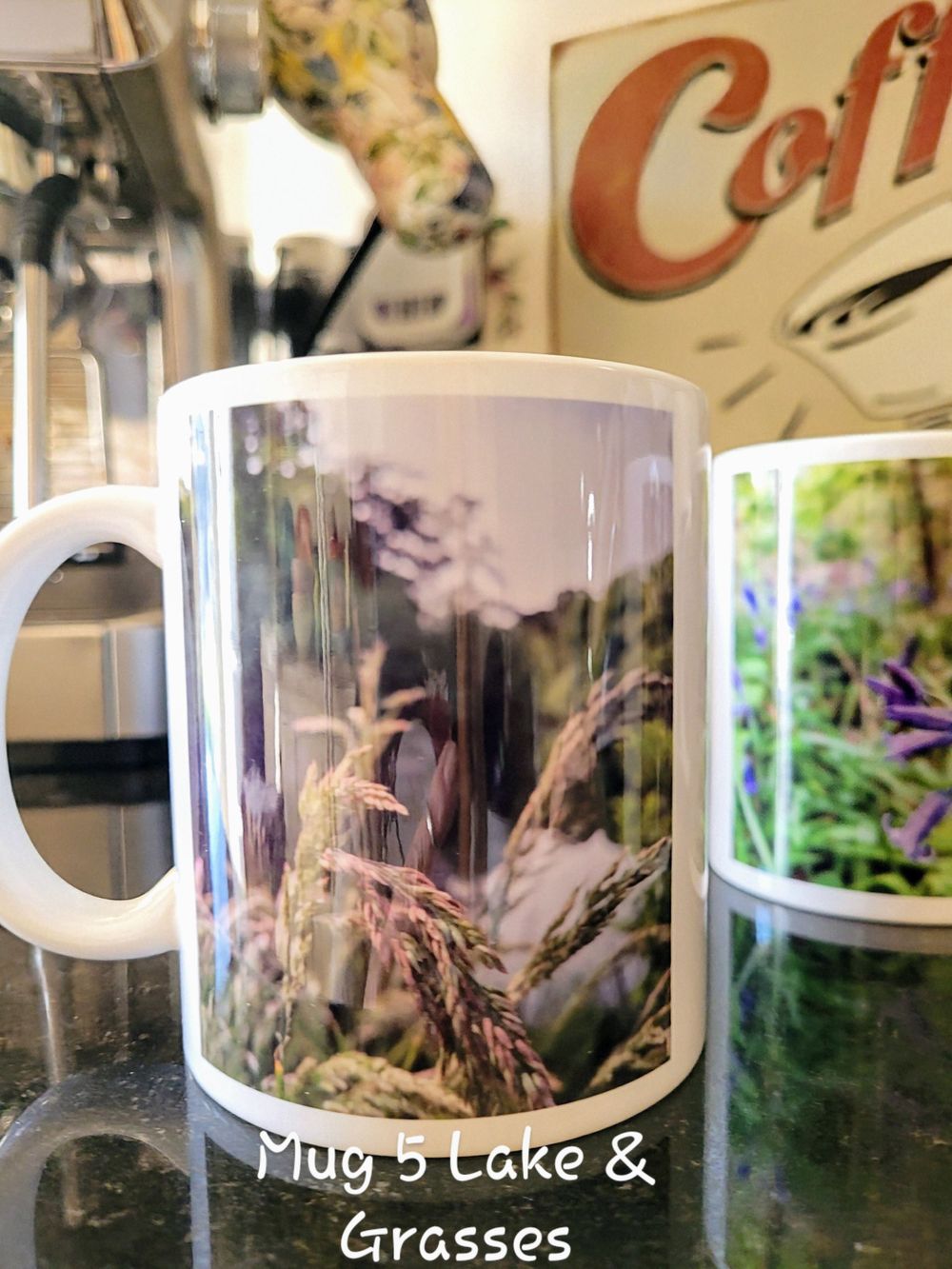 Gift mug mothers day flowers landscape photography of Spring lake and fauna.