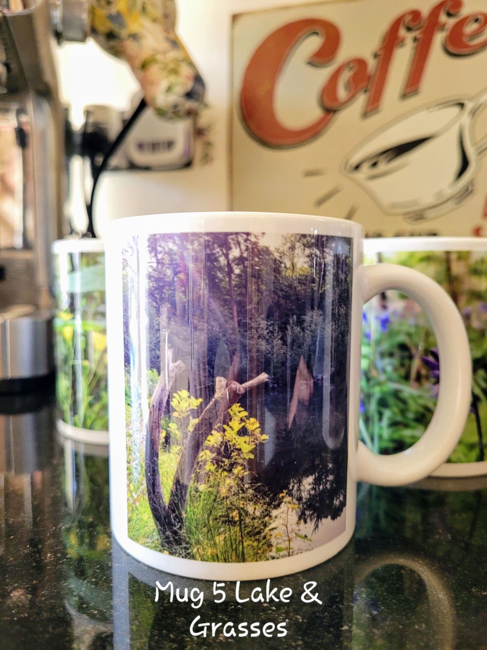 Gift mug mothers day flowers landscape photography of Spring lake and fauna.