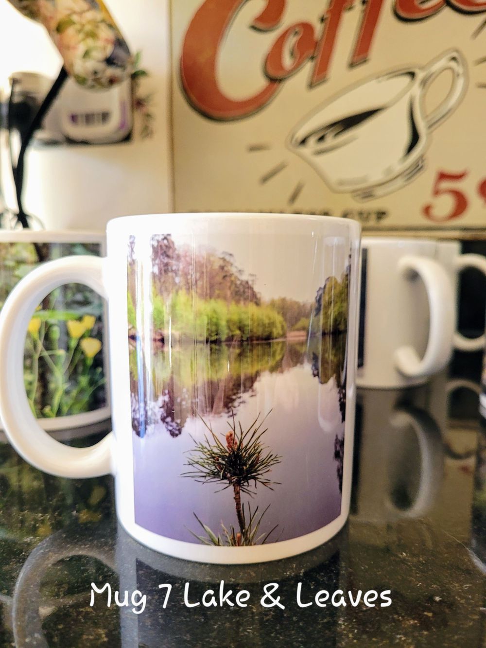Gift mug mothers day flowers landscape photography of Spring lake and fauna.