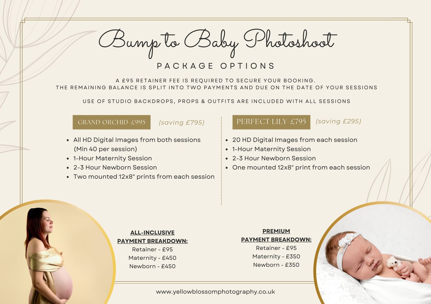 A beige and tan photography price list layout showing maternity and newborn session packages with sample photos.