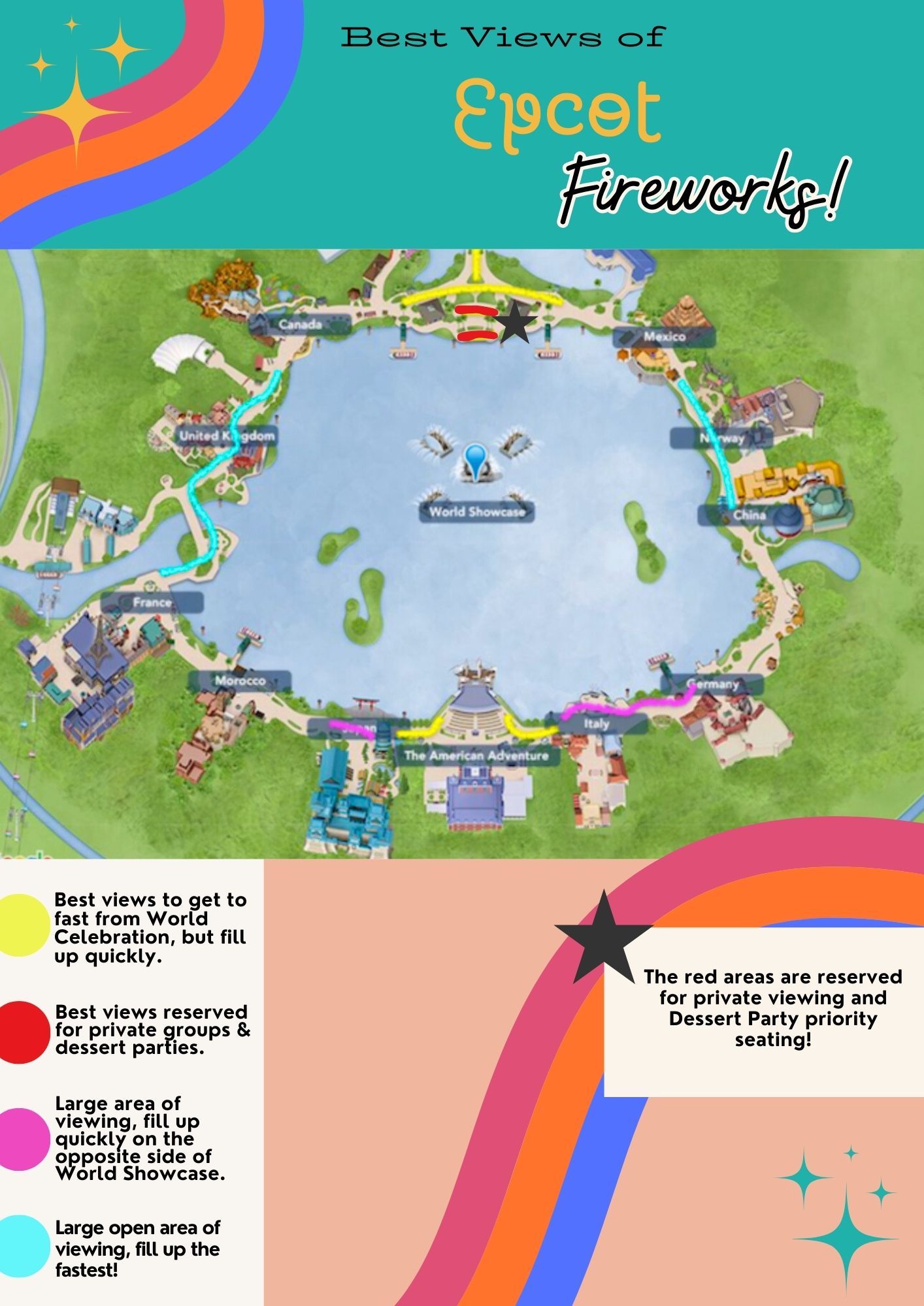 Colorful illustrated map showing best viewing locations for EPCOT fireworks with stars and rainbow decorative elements.
