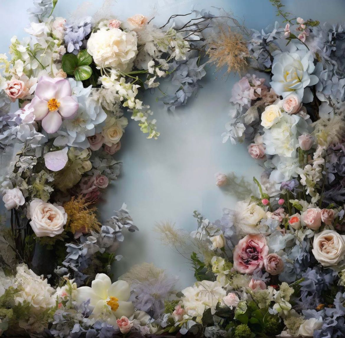 Circular floral wreath with roses, peonies and mixed flowers in soft pastel colors.