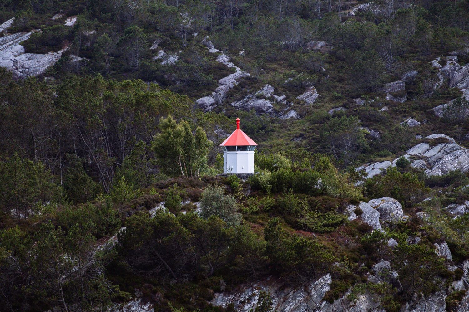 Solitary white lighthouse with red top perched on a rocky, forested hillside in Norway.