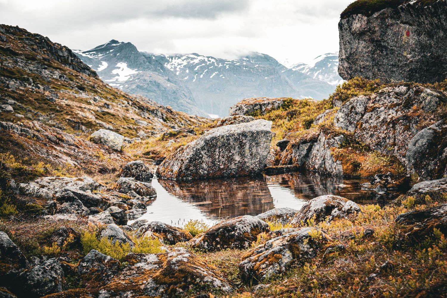 Rocky mountain terrain with autumn colors and snow-capped peaks in Norwegian highlands.