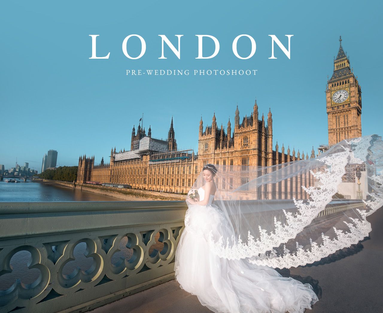 Pre-wedding photo in London featuring white gown silhouette against iconic Houses of Parliament and Big Ben backdrop.