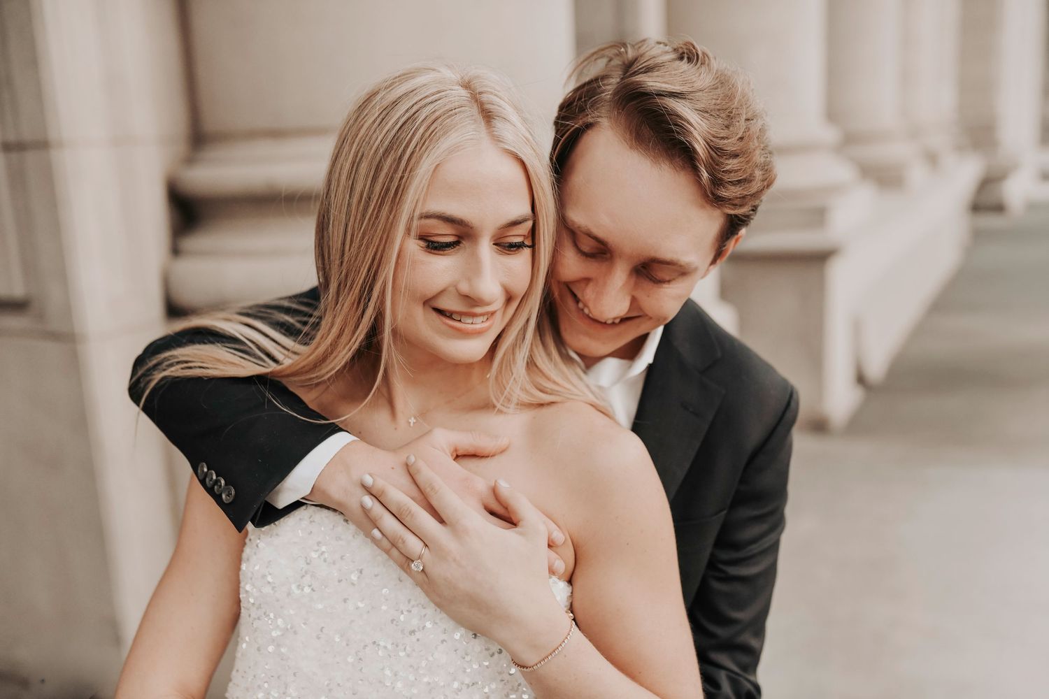 Editorial downtown Dallas engagement session with soft light and romantic mood