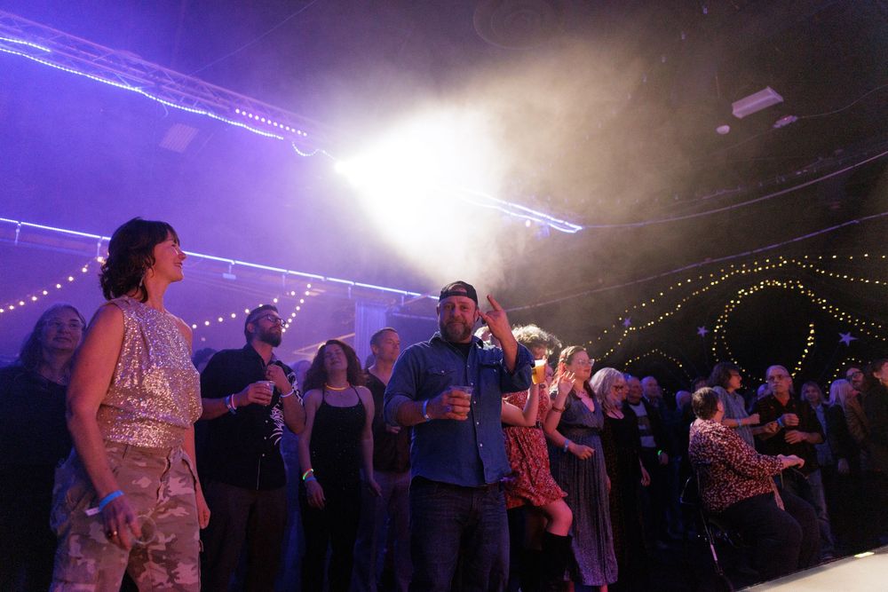 Crowd of concert-goers enjoying a live music event under purple stage lights and atmospheric fog.