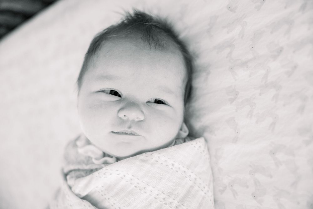 A series of black and white portraits of a sleeping newborn baby on soft white bedding.