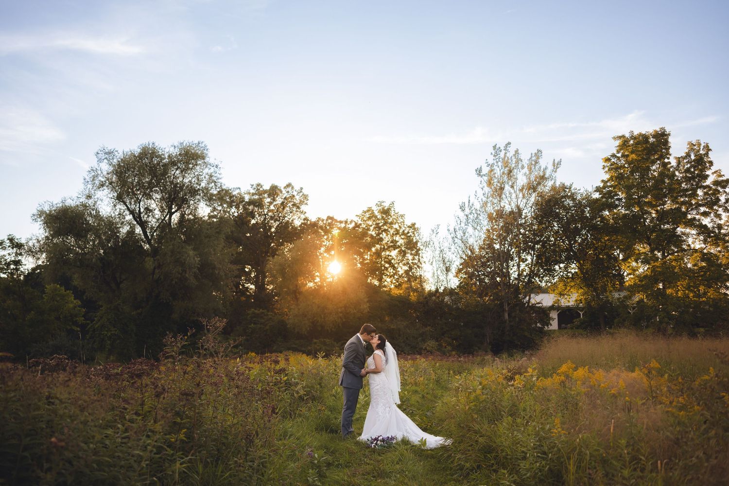 Silhouetted couple embraces in a golden sunset field with trees in the background.