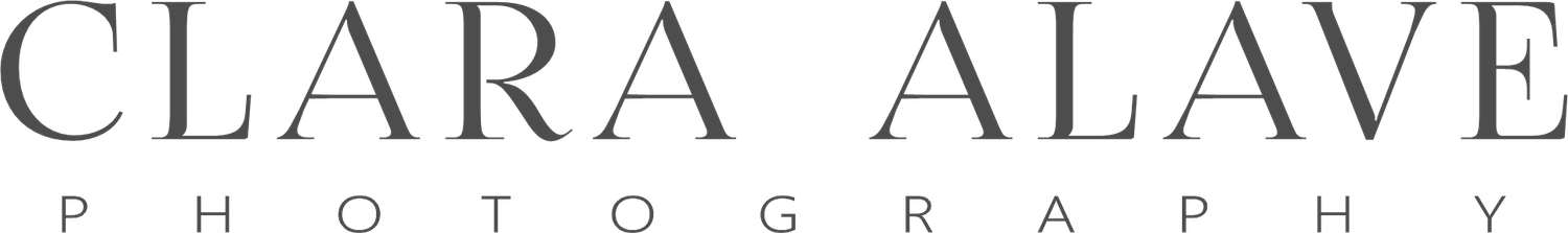 Elegant black and white logo design featuring minimalist text 'Clara Alave Photography' in a sophisticated font style.