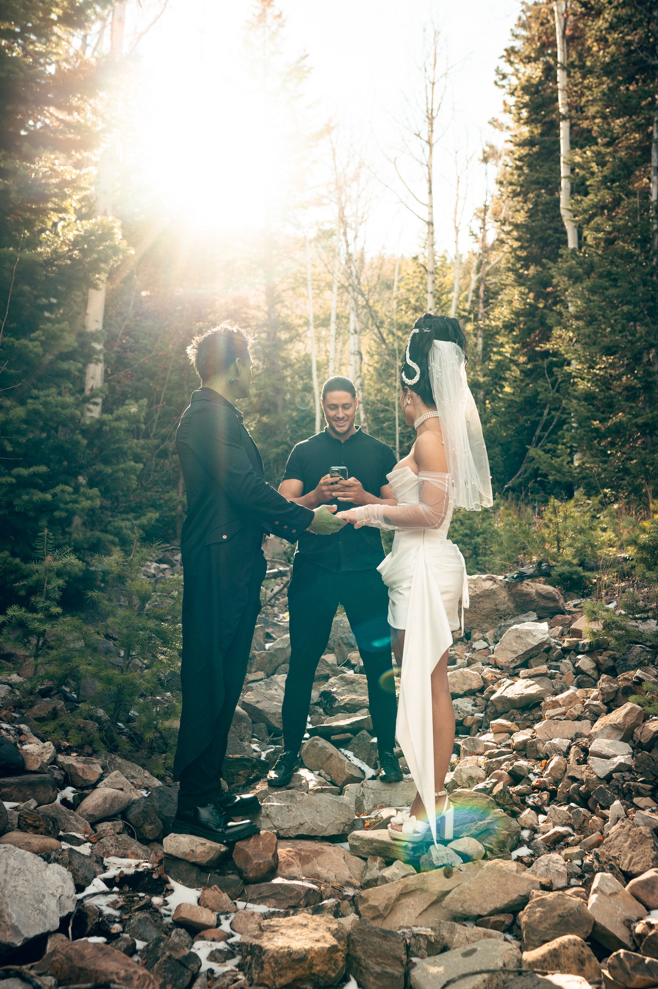 Park City Utah Elopement photography in the mountains. Frankenstein and His Bride. Creative posing and wedding photos on Halloween night
