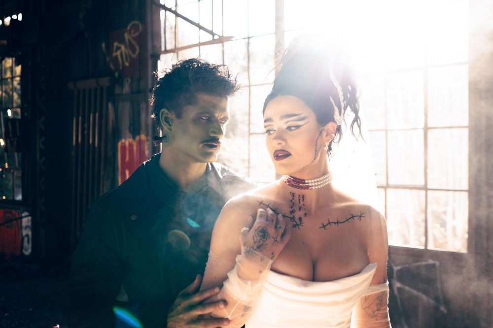 Park City Utah Elopement photography in the mountains. Frankenstein and His Bride. Creative posing and wedding photos on Halloween night