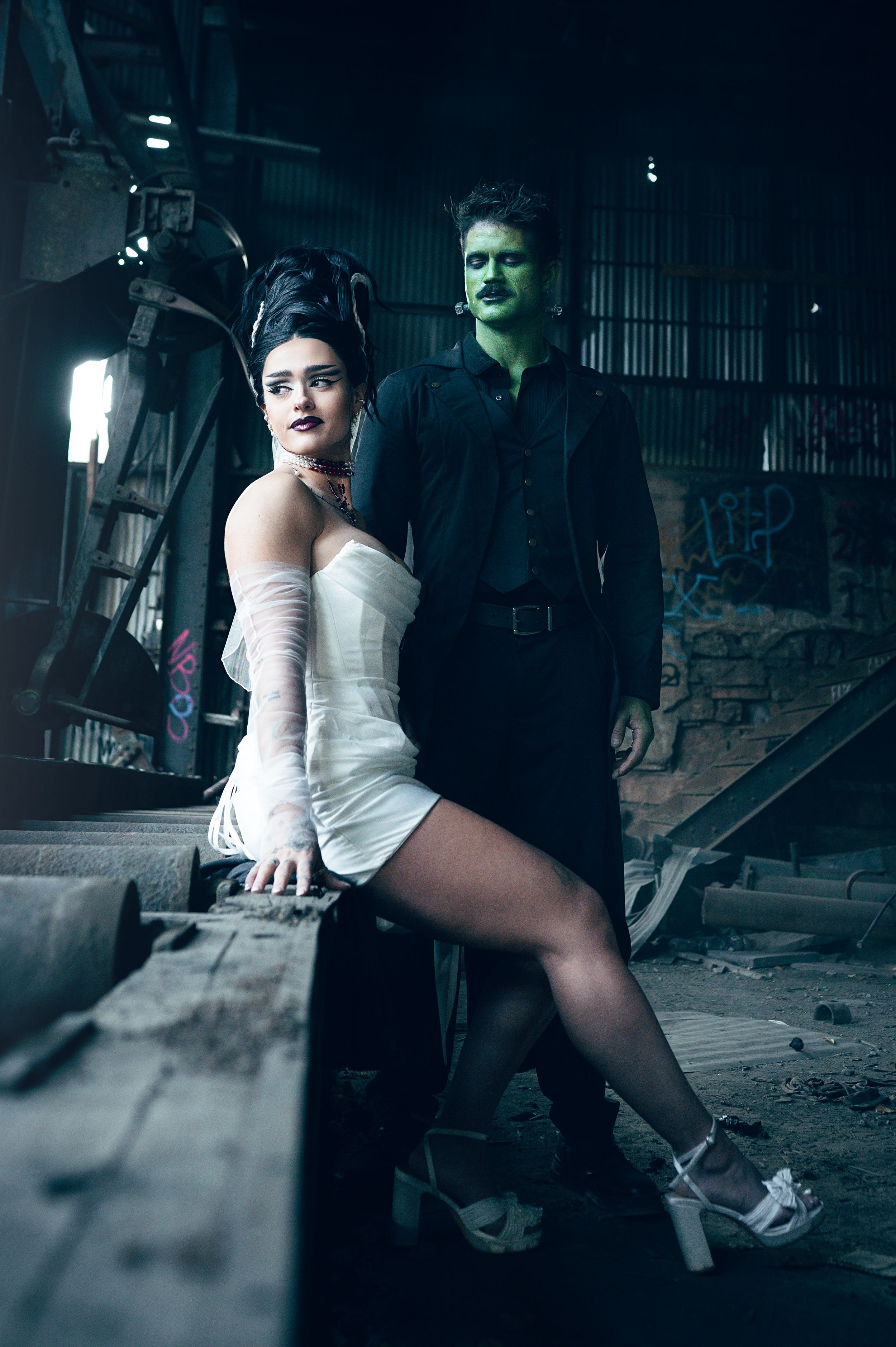 Park City Utah Elopement photography in the mountains. Frankenstein and His Bride. Creative posing and wedding photos on Halloween night