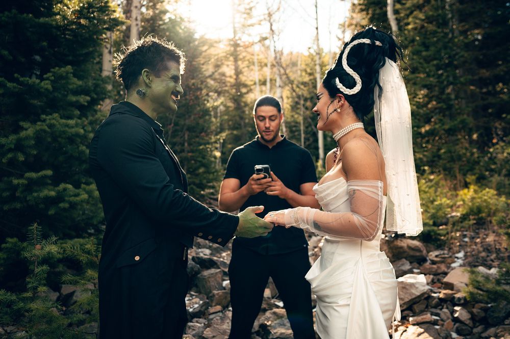 Park City Utah Elopement photography in the mountains. Frankenstein and His Bride. Creative posing and wedding photos on Halloween night