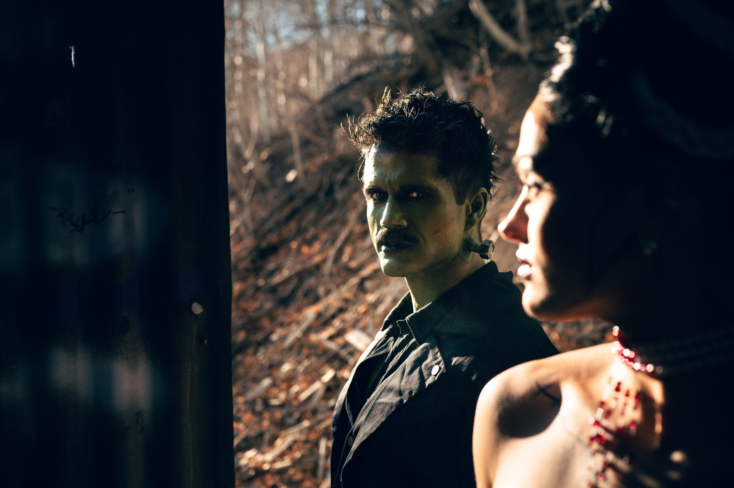 Park City Utah Elopement photography in the mountains. Frankenstein and His Bride. Creative posing and wedding photos on Halloween night