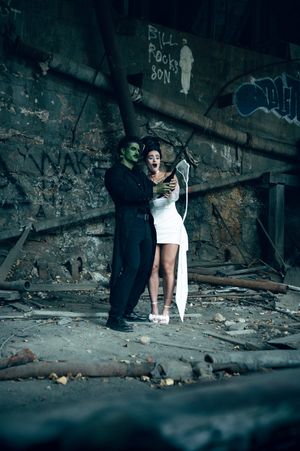 Park City Utah Elopement photography in the mountains. Frankenstein and His Bride. Creative posing and wedding photos on Halloween night