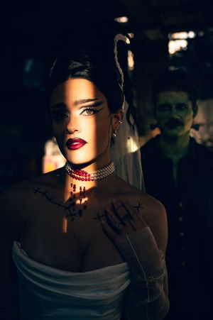 Park City Utah Elopement photography in the mountains. Frankenstein and His Bride. Creative posing and wedding photos on Halloween night