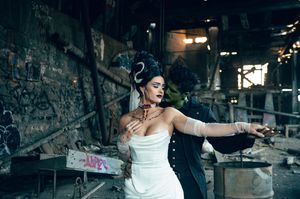 Park City Utah Elopement photography in the mountains. Frankenstein and His Bride. Creative posing and wedding photos on Halloween night