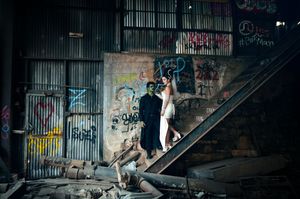 Park City Utah Elopement photography in the mountains. Frankenstein and His Bride. Creative posing and wedding photos on Halloween night