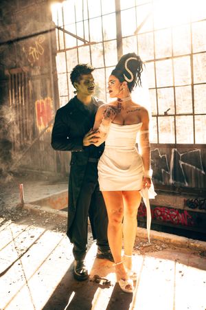 Park City Utah Elopement photography in the mountains. Frankenstein and His Bride. Creative posing and wedding photos on Halloween night
