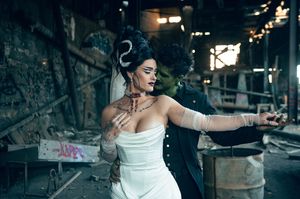 Park City Utah Elopement photography in the mountains. Frankenstein and His Bride. Creative posing and wedding photos on Halloween night