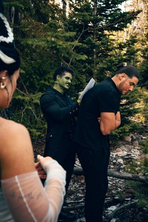 Park City Utah Elopement photography in the mountains. Frankenstein and His Bride. Creative posing and wedding photos on Halloween night