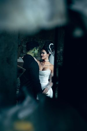 Park City Utah Elopement photography in the mountains. Frankenstein and His Bride. Creative posing and wedding photos on Halloween night