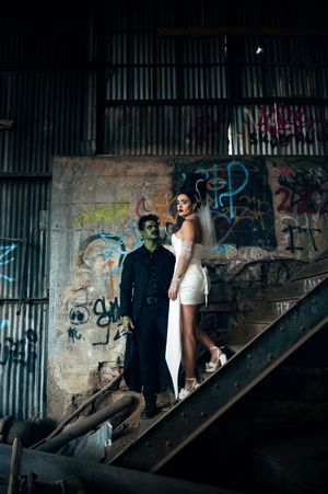 Park City Utah Elopement photography in the mountains. Frankenstein and His Bride. Creative posing and wedding photos on Halloween night