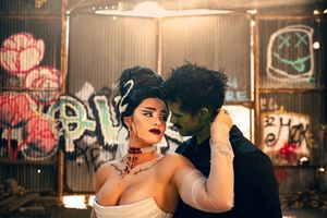 Park City Utah Elopement photography in the mountains. Frankenstein and His Bride. Creative posing and wedding photos on Halloween night
