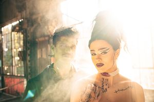 Park City Utah Elopement photography in the mountains. Frankenstein and His Bride. Creative posing and wedding photos on Halloween night