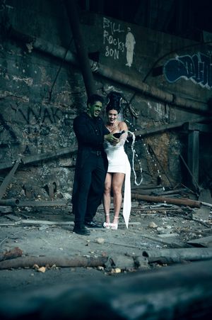 Park City Utah Elopement photography in the mountains. Frankenstein and His Bride. Creative posing and wedding photos on Halloween night