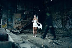 Park City Utah Elopement photography in the mountains. Frankenstein and His Bride. Creative posing and wedding photos on Halloween night