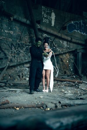 Park City Utah Elopement photography in the mountains. Frankenstein and His Bride. Creative posing and wedding photos on Halloween night