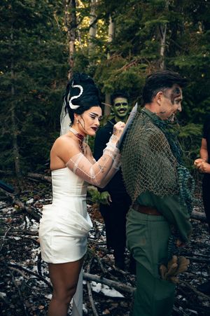Park City Utah Elopement photography in the mountains. Frankenstein and His Bride. Creative posing and wedding photos on Halloween night