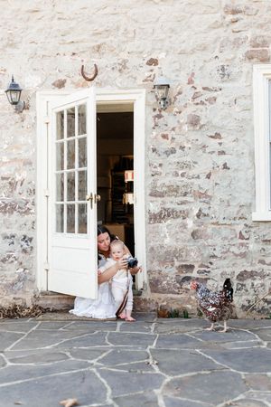 A creative photo sequence showing movement through doorways of a stone building.