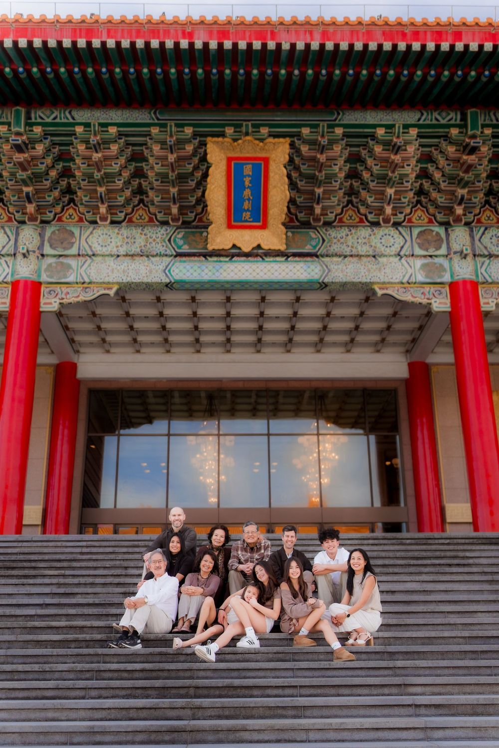 Group relaxing on ornate temple steps with traditional Chinese architecture and red banners visible above.
