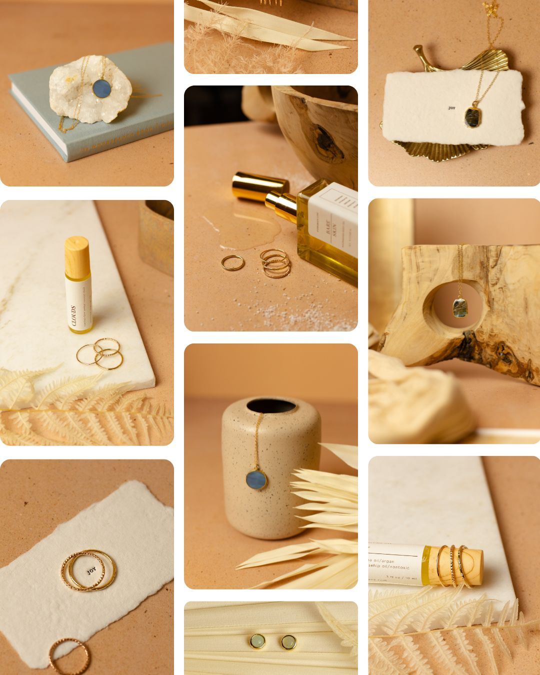 Grid layout of jewelry crafting process images showing various techniques and materials.