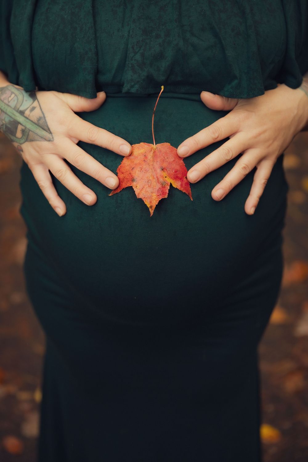 Close-up of pregnant belly in green dress with two pairs of hands holding a red autumn leaf.