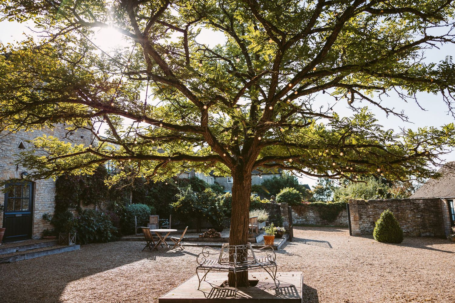 Panoramic view of a desert landscaped backyard with mature trees and gravel ground cover under bright sunlight.