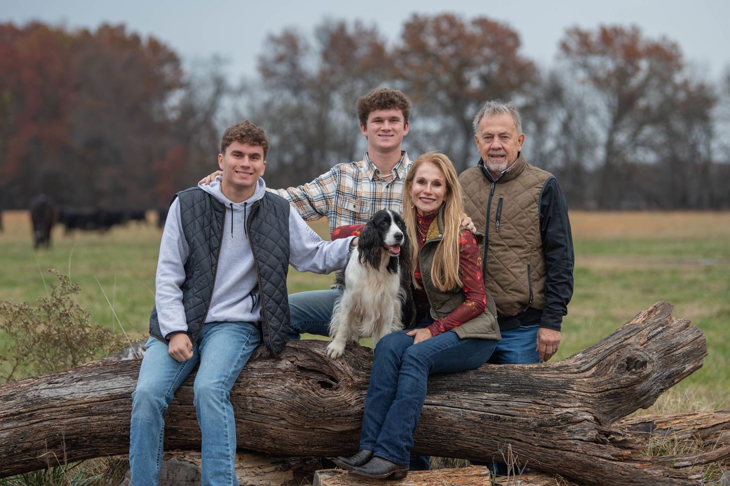 Family portrait session on fallen logs in a rustic outdoor setting.