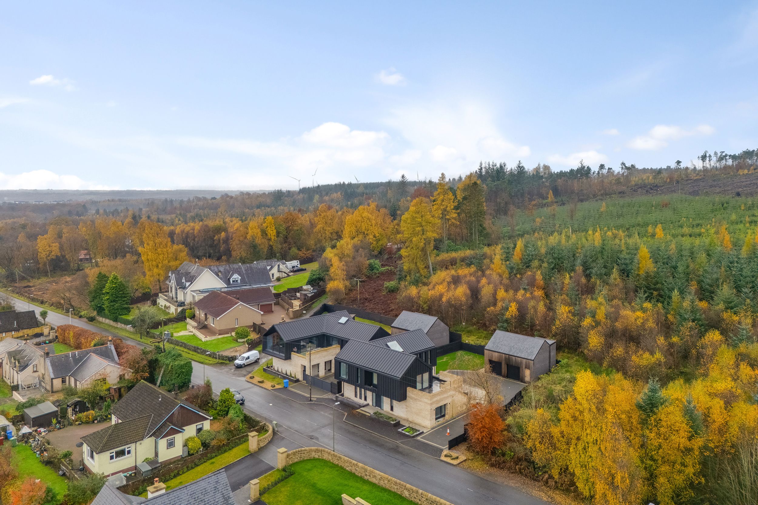 Aerial view of suburban houses along a residential street with vibrant yellow autumnal foliage in the background.