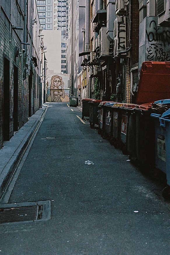 A narrow urban alley lined with parked cars and tall buildings creates a moody perspective in muted tones.
